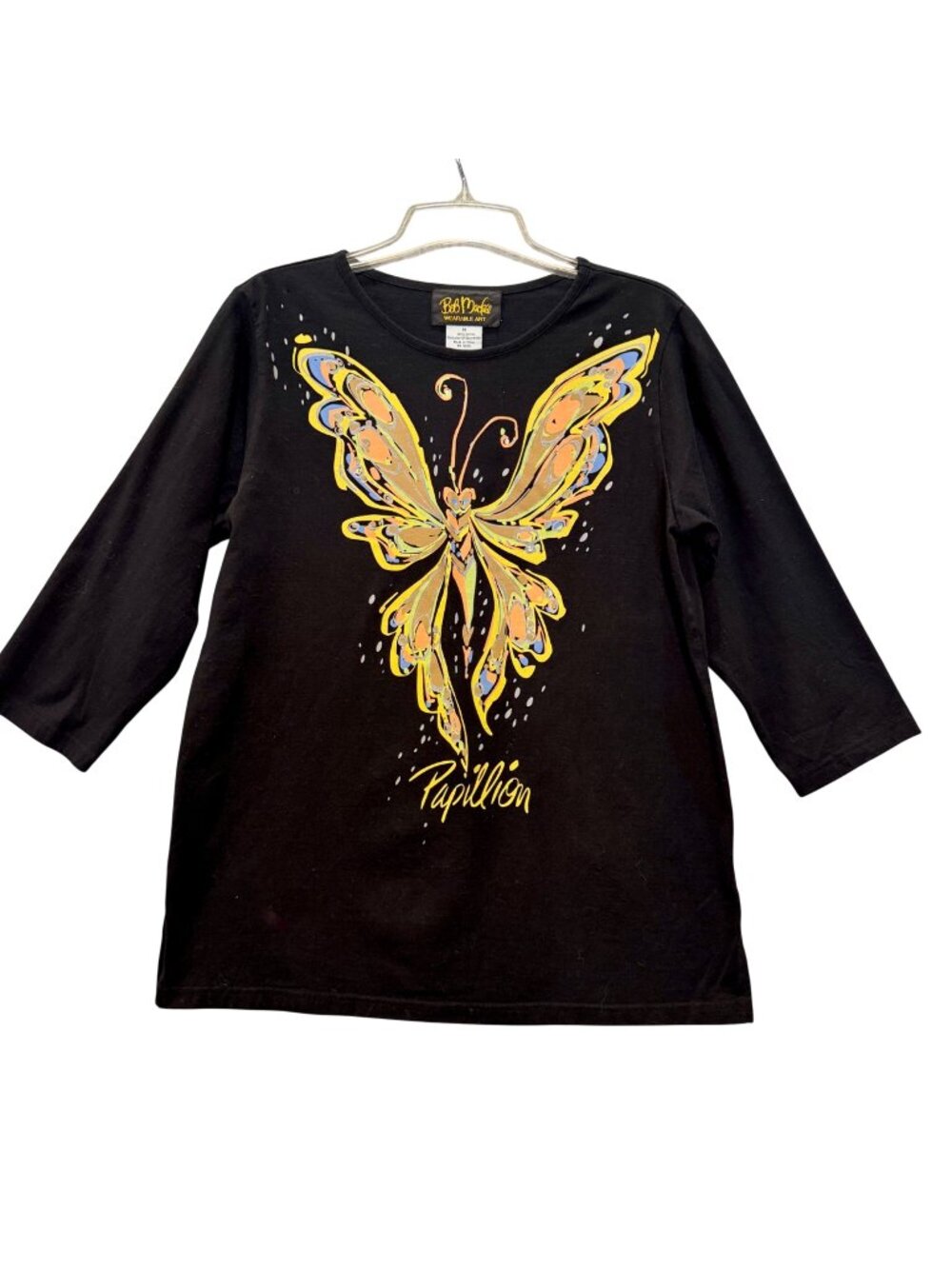 Vintage Bob Mackie Wearable Art Size M Black Papillon Butterfly Top 3/4 Sleeve